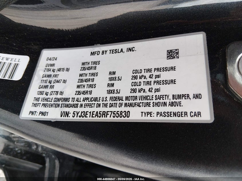 2024 Tesla Model 3 VIN 5YJ3E1EA5RF755830 IAAI salvage auction — SIDE, Original (Texas), sold $9,700 on 2026-07-08 (photo 9)