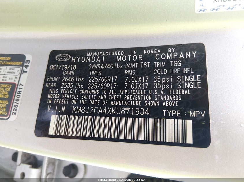 2019 Hyundai Tucson VIN KM8J2CA4XKU871934 IAAI salvage auction — FRONT & REAR, Salvage (Indiana), sold $1,950 on 2026-07-30 (photo 9)