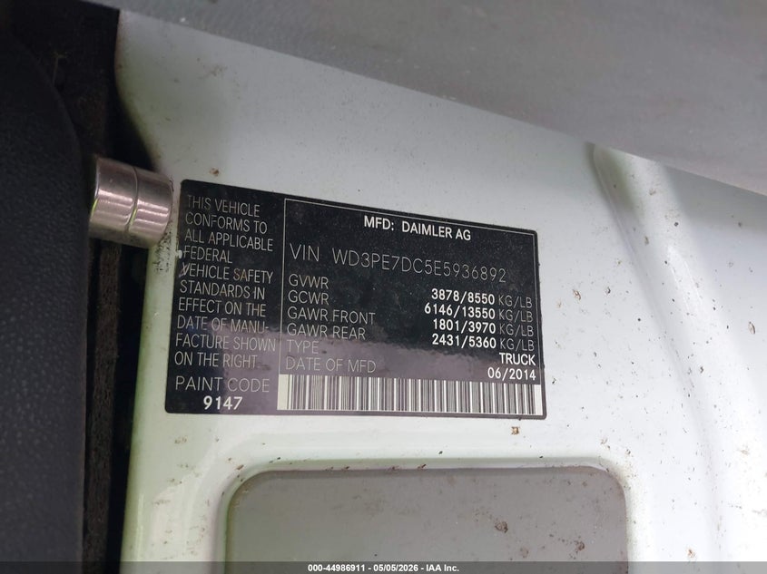 2014 Mercedes-benz Sprinter VIN WD3PE7DC5E5936892 IAAI salvage auction — FRONT END, Mv-907A (New York), sold $2,375 on 2026-07-07 (photo 9)