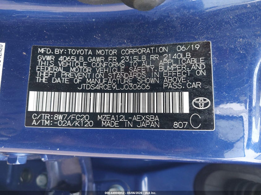 2020 Toyota Corolla VIN JTDS4RCE9LJ030606 IAAI salvage auction — FRONT END, Original (Texas), sold $4,100 on 2026-07-30 (photo 9)