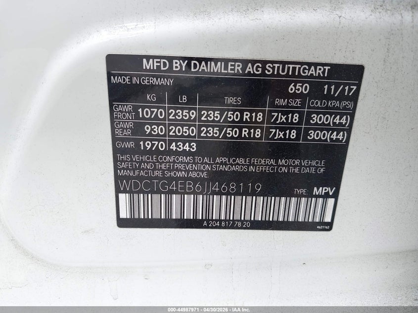 2018 Mercedes-benz Gla-klasse VIN WDCTG4EB6JJ468119 IAAI salvage auction — RIGHT SIDE, Salvage (Georgia), sold $2,550 on 2026-07-06 (photo 9)