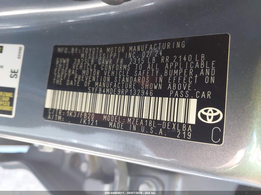 2024 Toyota Corolla VIN 5YFB4MDE9RP132946 IAAI salvage auction — FRONT END, Salvage Title, sold $5,700 on 2026-07-22 (photo 9)