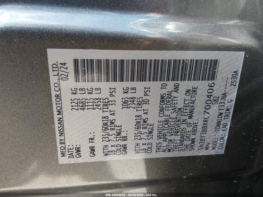 2024 Nissan Rogue VIN 5N1BT3BBXRC700406 IAAI salvage auction — REAR END, Salvage Title, sold $6,100 on 2026-07-31 (photo 9)