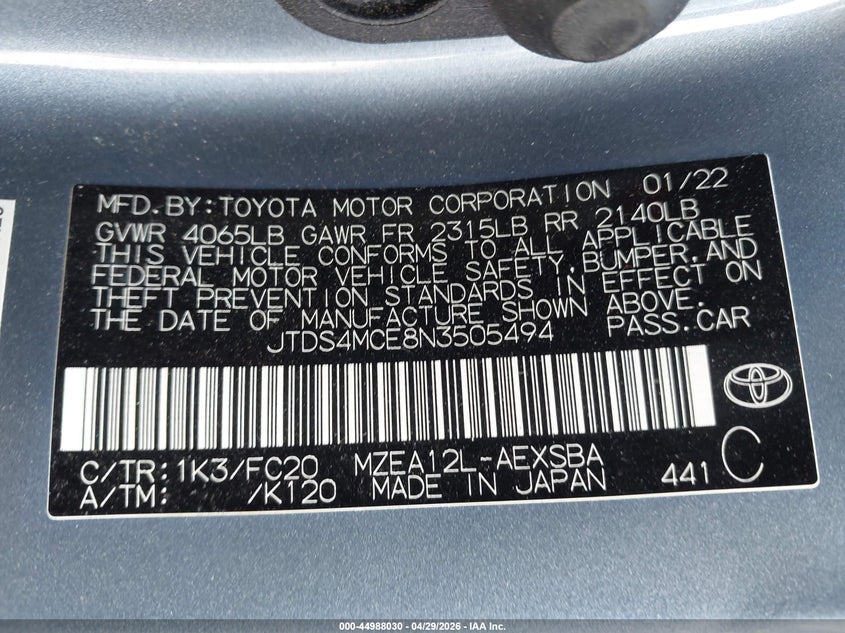 2022 Toyota Corolla VIN JTDS4MCE8N3505494 IAAI salvage auction — LEFT SIDE, Salvage (Georgia), sold $2,000 on 2026-07-17 (photo 9)