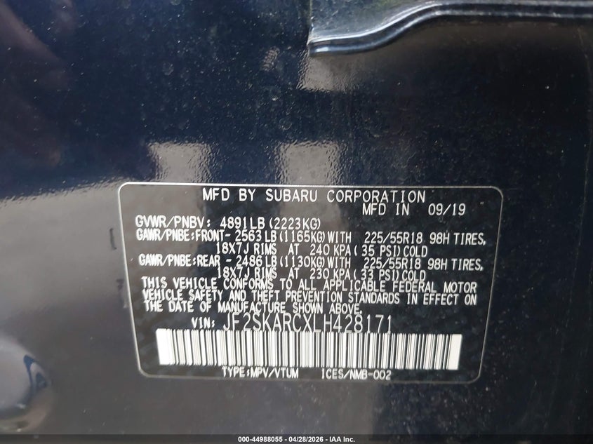 2020 Subaru Forester VIN JF2SKARCXLH428171 IAAI salvage auction — RIGHT FRONT, Salvage (Pennsylvania), sold $4,500 on 2026-07-31 (photo 9)