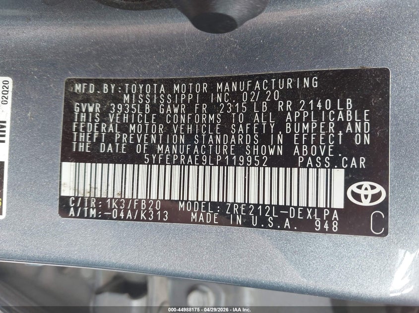 2020 Toyota Corolla VIN 5YFEPRAE9LP119952 IAAI salvage auction — FRONT & REAR, Salvage Title, sold $1,050 on 2026-07-23 (photo 9)