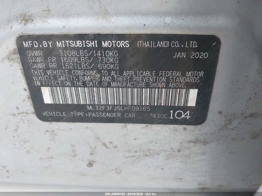 2020 Mitsubishi Mirage VIN ML32F3FJ5LHF09165 IAAI salvage auction — RIGHT FRONT, Salvage (Ohio), sold $375 on 2026-08-27 (photo 9)