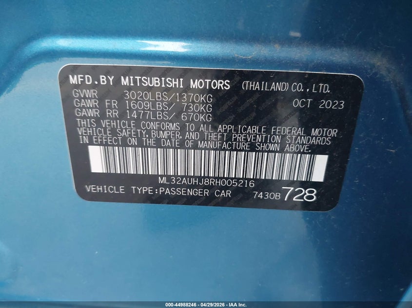 2024 Mitsubishi Mirage VIN ML32AUHJ8RH005216 IAAI salvage auction — REAR END, Original (Texas), sold $3,850 on 2026-07-30 (photo 9)