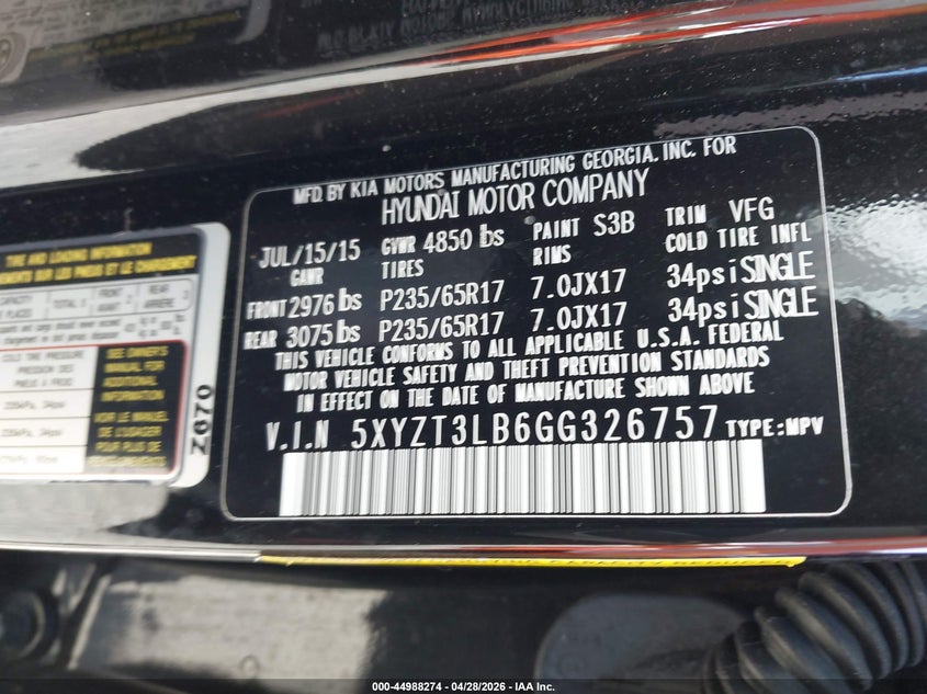 2016 Hyundai Santa fe VIN 5XYZT3LB6GG326757 IAAI salvage auction — FRONT END, Salvage Title, sold $875 on 2026-07-13 (photo 9)