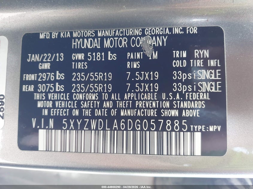 2013 Hyundai Santa fe VIN 5XYZWDLA6DG057885 IAAI salvage auction — NORMAL WEAR, Salvage Title, sold $700 on 2026-07-15 (photo 9)