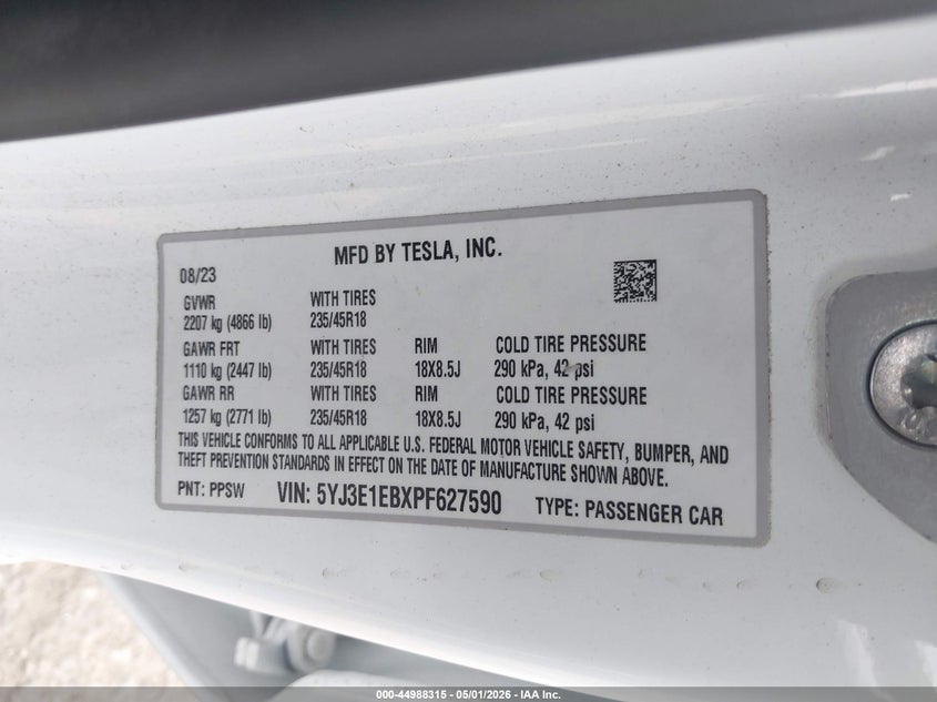 2023 Tesla Model 3 VIN 5YJ3E1EBXPF627590 IAAI salvage auction — FRONT END, Wait Title, sold $2,750 on 2026-07-08 (photo 9)