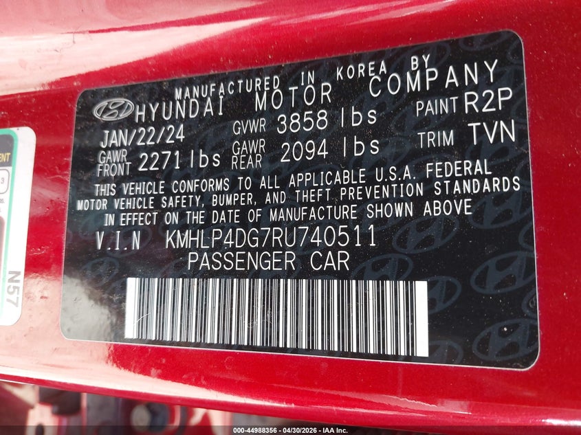 2024 Hyundai Elantra VIN KMHLP4DG7RU740511 IAAI salvage auction — FRONT END, Clear (Oklahoma), sold $4,000 on 2026-07-15 (photo 9)