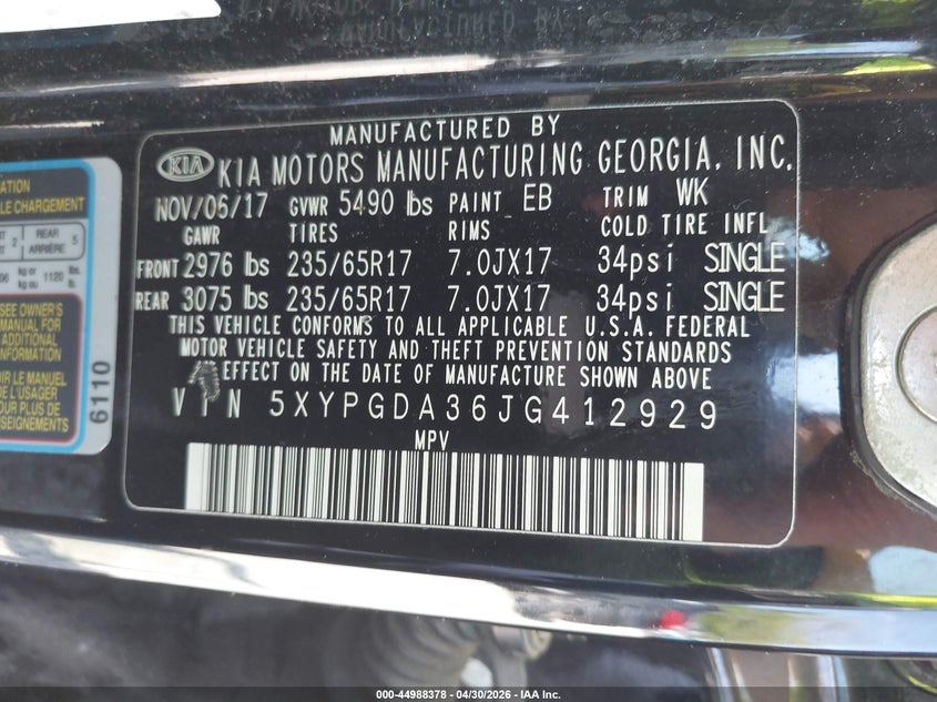 2018 Kia Sorento VIN 5XYPGDA36JG412929 IAAI salvage auction — NORMAL WEAR, Salvage (Texas), sold $1,600 on 2026-07-27 (photo 9)