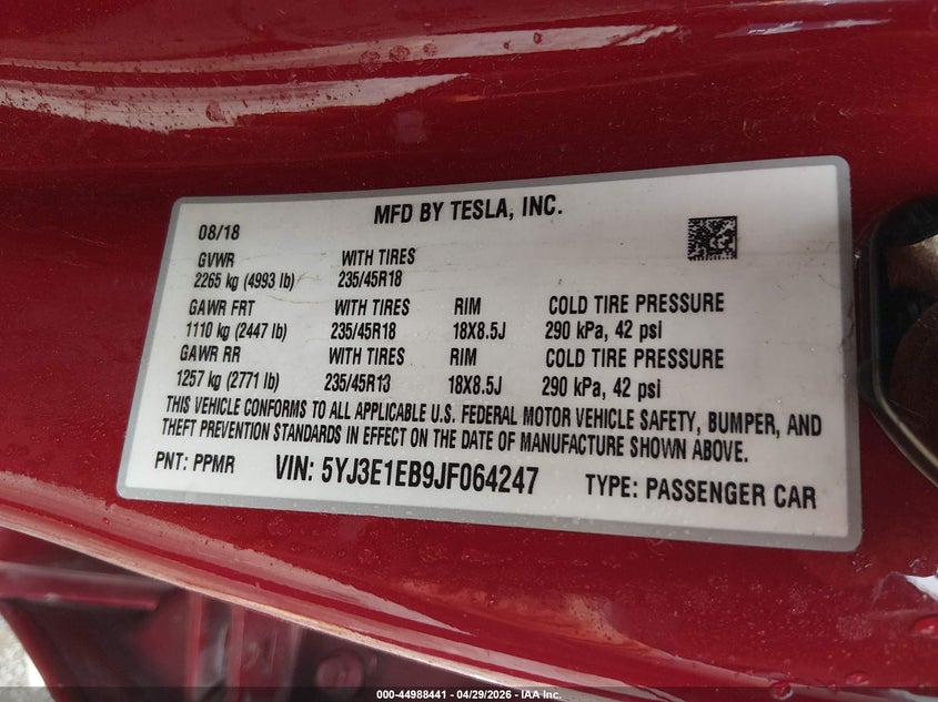 2018 Tesla Model 3 VIN 5YJ3E1EB9JF064247 IAAI salvage auction — LEFT FRONT, Salvage Title, sold $5,100 on 2026-08-22 (photo 9)