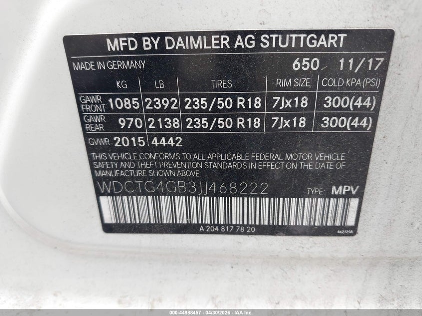 2018 Mercedes-benz Gla-class VIN WDCTG4GB3JJ468222 IAAI salvage auction — FRONT END, Salvage (Georgia), sold $1,525 on 2026-07-15 (photo 9)