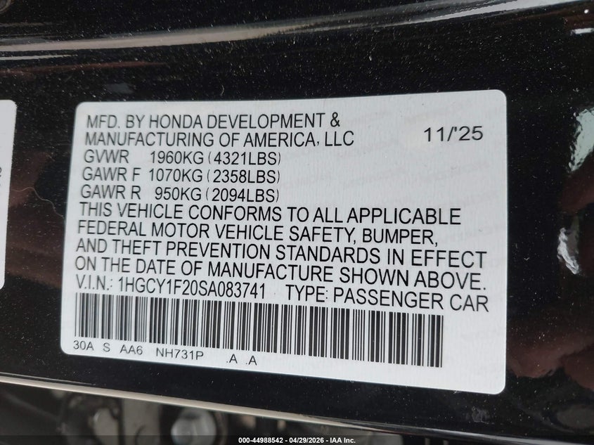 2025 Honda Accord VIN 1HGCY1F20SA083741 IAAI salvage auction — FRONT END, Original (Texas), sold $8,950 on 2026-07-29 (photo 9)