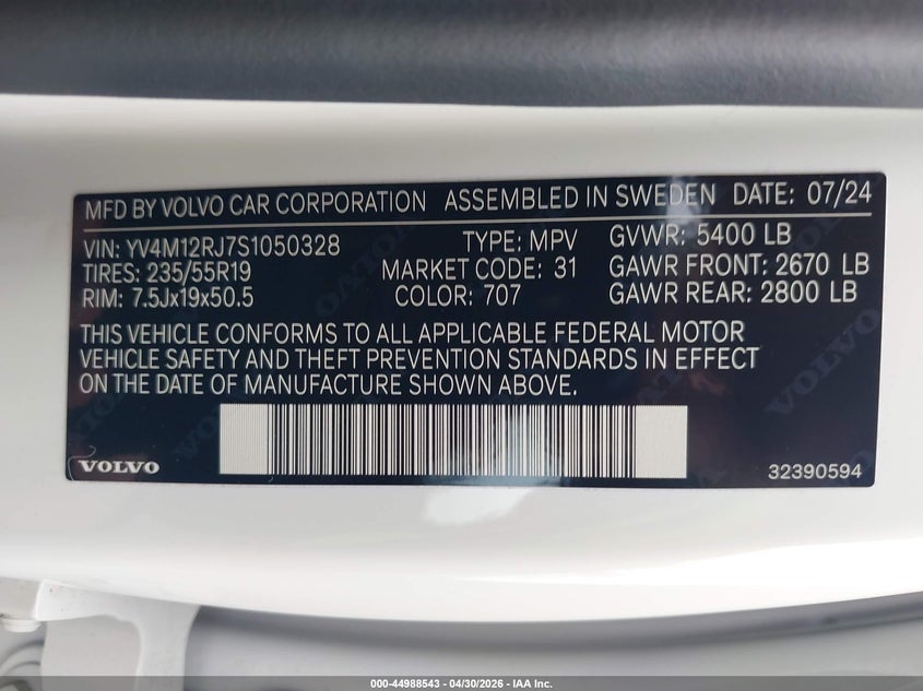2025 Volvo Xc60 VIN YV4M12RJ7S1050328 IAAI salvage auction — FRONT END, Mv-907A (New York), sold $5,000 on 2026-07-28 (photo 9)