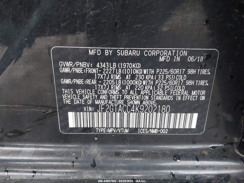 2019 Subaru Xv VIN JF2GTACC4K9202180 IAAI salvage auction — REAR END, Salvage (Pennsylvania), sold $2,550 on 2026-07-21 (photo 9)