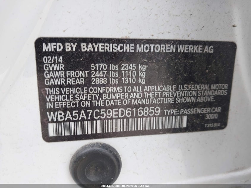 2014 BMW 5er VIN WBA5A7C59ED616859 IAAI salvage auction — FRONT & REAR, Original (Texas), sold $1,850 on 2026-07-08 (photo 9)