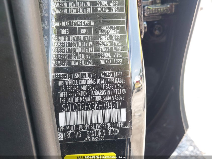 2019 Land rover Discovery sport VIN SALCR2FX3KH794217 IAAI salvage auction — UNDERCARRIAGE, Rebuildable (Florida), sold $3,500 on 2026-07-29 (photo 9)
