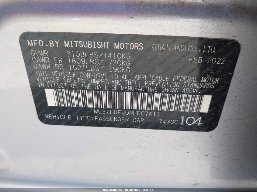 2022 Mitsubishi Mirage VIN ML32FUFJ0NHF07414 IAAI salvage auction — FRONT END, Certificate Of Destruction (Florida), sold $1,750 on 2026-07-23 (photo 9)