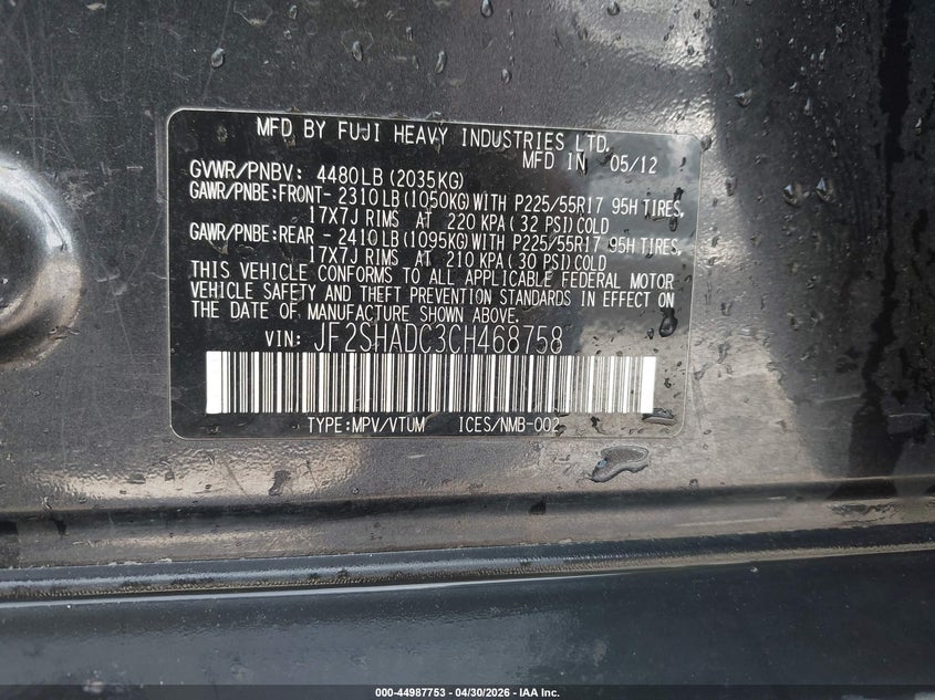 2012 Subaru Forester VIN JF2SHADC3CH468758 IAAI salvage auction — NORMAL WEAR, Clear (Tennessee), sold $400 on 2026-07-29 (photo 9)