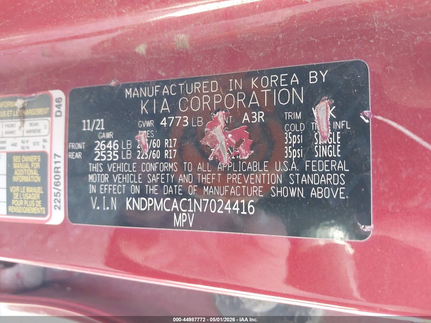 2022 Kia Sportage VIN KNDPMCAC1N7024416 IAAI salvage auction — LEFT FRONT, Salvage (Idaho), sold $3,100 on 2026-07-28 (photo 9)