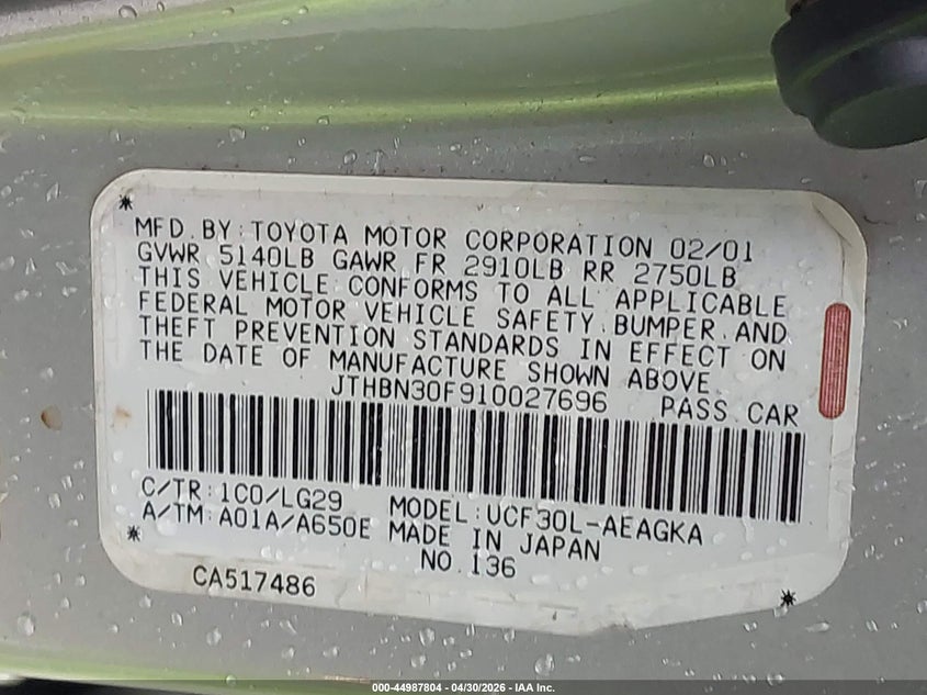 2001 Lexus Ls VIN JTHBN30F910027696 IAAI salvage auction — FRONT END, Salvage (Texas), sold $650 on 2026-07-29 (photo 9)