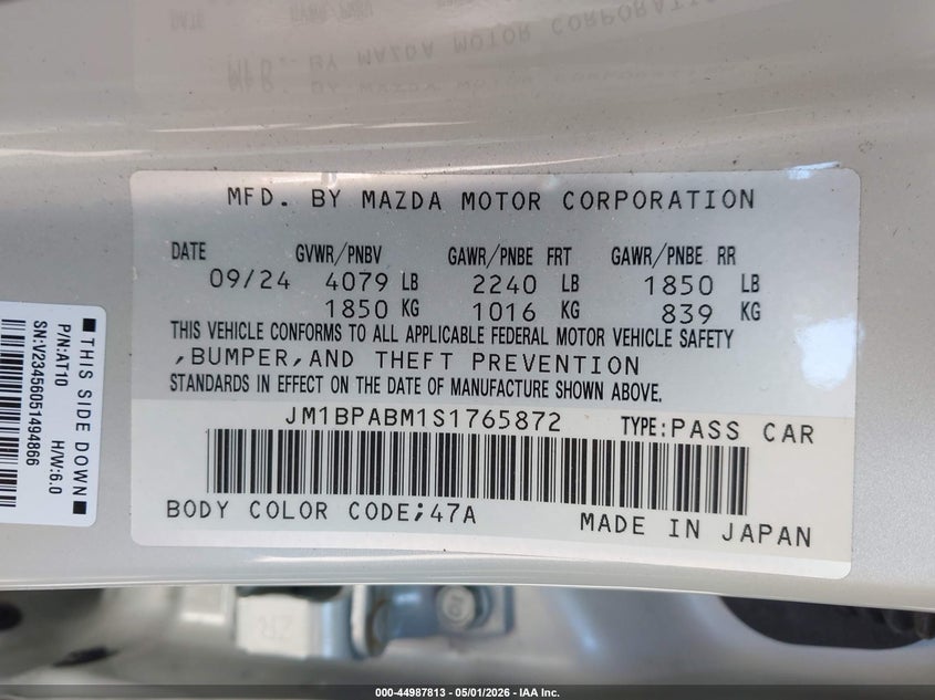 2025 Mazda 3 VIN JM1BPABM1S1765872 IAAI salvage auction — FRONT & REAR, Salvage (Idaho), sold $2,050 on 2026-07-29 (photo 9)