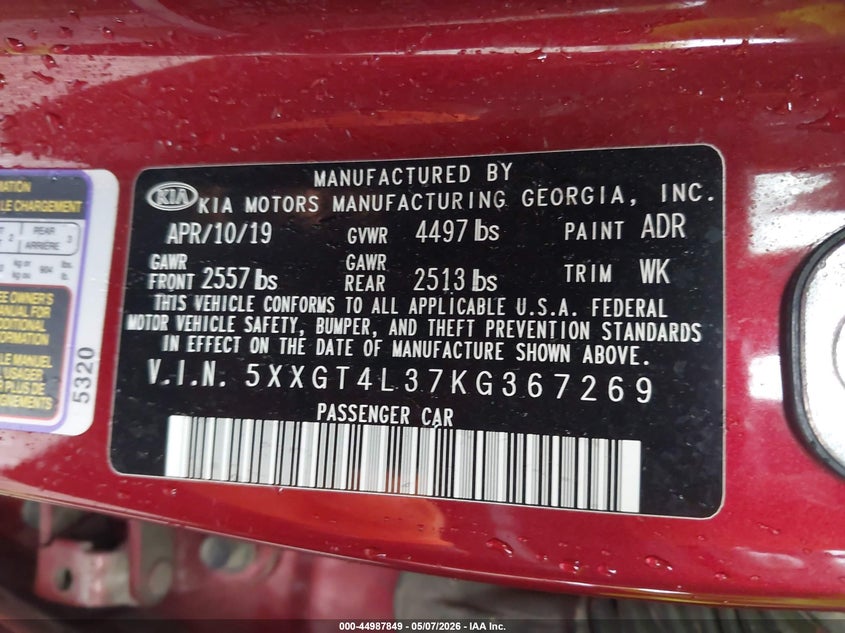 2019 Kia Optima VIN 5XXGT4L37KG367269 IAAI salvage auction — REAR END, Salvage (Iowa), sold $2,350 on 2026-07-06 (photo 9)