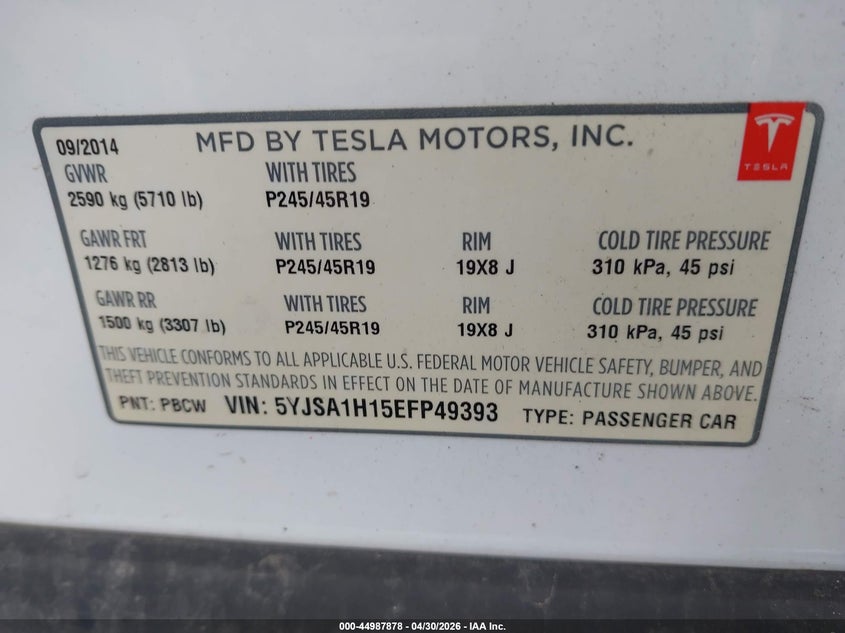 2014 Tesla Model s VIN 5YJSA1H15EFP49393 IAAI salvage auction — LEFT SIDE, Clear (Michigan), sold $2,025 on 2026-07-16 (photo 9)