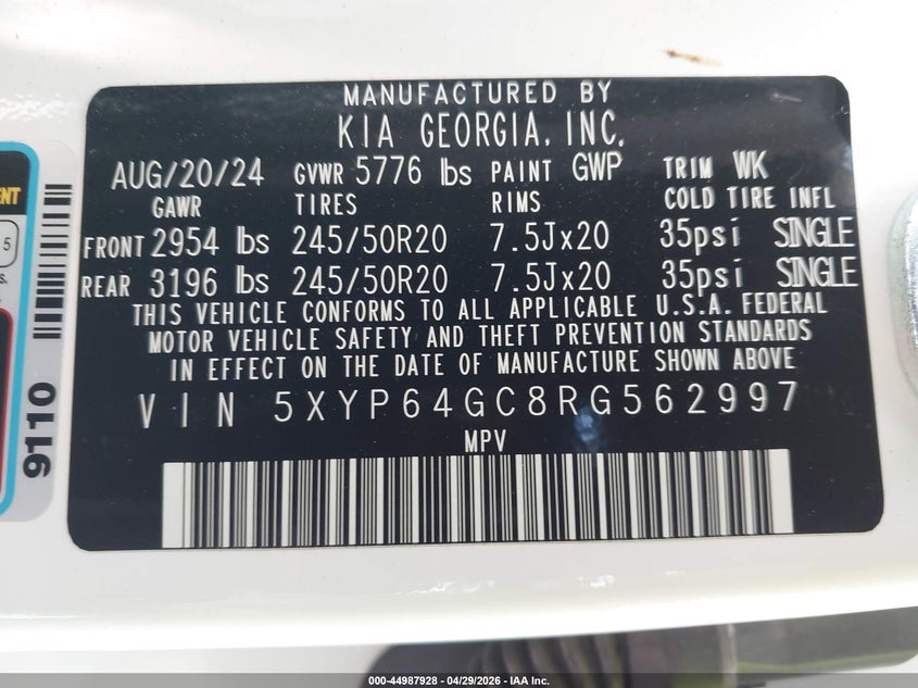 2024 Kia Telluride VIN 5XYP64GC8RG562997 IAAI salvage auction — RIGHT SIDE, Salvage (California), sold $6,975 on 2026-07-29 (photo 9)