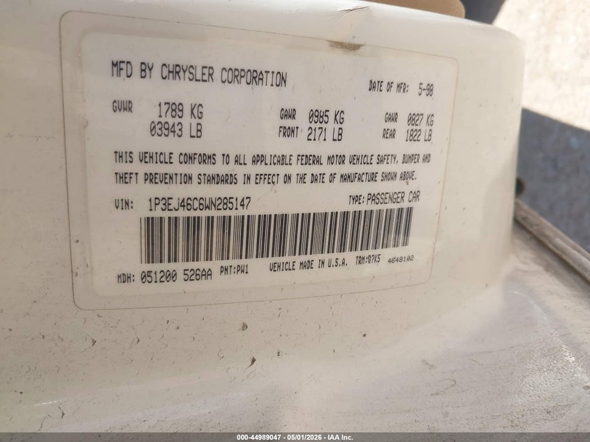 1998 Plymouth Breeze VIN 1P3EJ46C6WN285147 IAAI salvage auction — FRONT END, Clear (Arizona), sold $425 on 2026-07-09 (photo 9)