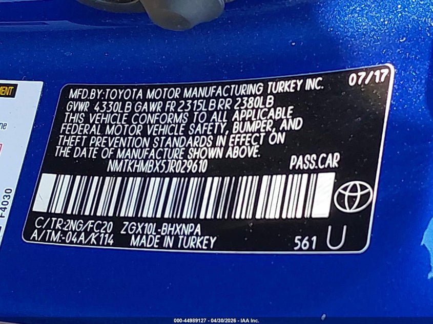 2018 Toyota C-hr VIN NMTKHMBX5JR029610 IAAI salvage auction — RIGHT FRONT, Salvage (North Carolina), sold $3,550 on 2026-07-29 (photo 9)