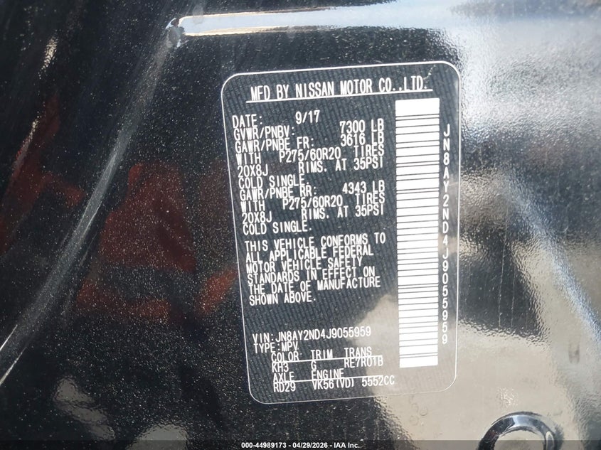 2018 Nissan Armada VIN JN8AY2ND4J9055959 IAAI salvage auction — RIGHT FRONT, Salvage (Georgia), sold $5,750 on 2026-07-14 (photo 9)