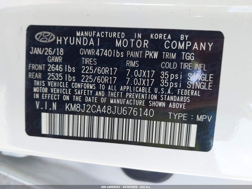 2018 Hyundai Tucson VIN KM8J2CA48JU676140 IAAI salvage auction — THEFT, Salvage - Greater Than 75% (Maryland), sold $3,775 on 2026-07-28 (photo 9)