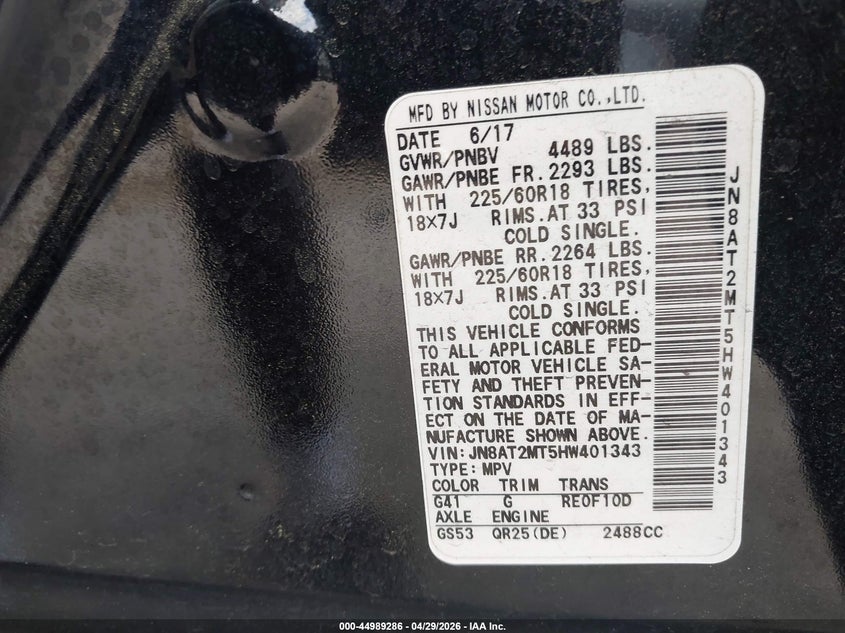 2017 Nissan Rogue VIN JN8AT2MT5HW401343 IAAI salvage auction — FRONT END, Salvage (South Carolina), sold $3,050 on 2026-07-07 (photo 9)