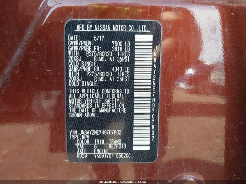 2017 Nissan Armada VIN JN8AY2NE7H9707802 IAAI salvage auction — RIGHT SIDE, Salvage (Iowa), sold $5,350 on 2026-07-13 (photo 9)