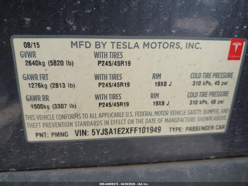 2015 Tesla Model s VIN 5YJSA1E2XFF101949 IAAI salvage auction — LEFT SIDE, Original (Texas), sold $2,750 on 2026-07-27 (photo 9)