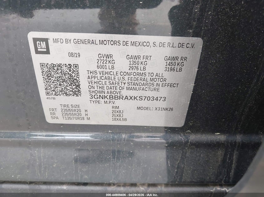 2019 Chevrolet Blazer VIN 3GNKBBRAXKS703473 IAAI salvage auction — BIO HAZARD, Salvage Title, sold $650 on 2026-07-09 (photo 9)