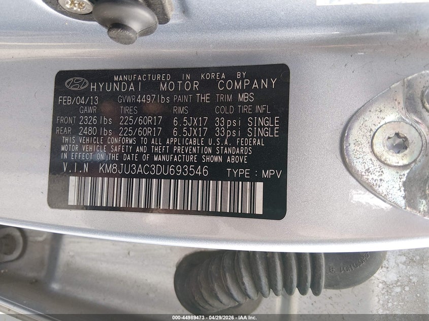 2013 Hyundai Tucson VIN KM8JU3AC3DU693546 IAAI salvage auction — SIDE, Salvage (Illinois), sold $1,100 on 2026-07-09 (photo 9)