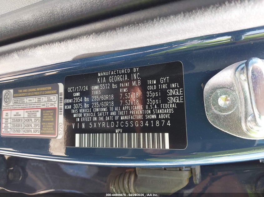 2025 Kia Sorento VIN 5XYRLDJC5SG341874 IAAI salvage auction — LEFT FRONT, Original (Texas), sold $14,125 on 2026-07-29 (photo 9)