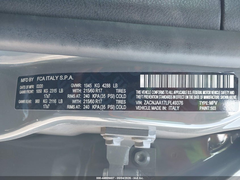 2020 Jeep Renegade VIN ZACNJAA17LPL49376 IAAI salvage auction — RIGHT SIDE, Salvage (Oklahoma), sold $3,200 on 2026-07-08 (photo 9)