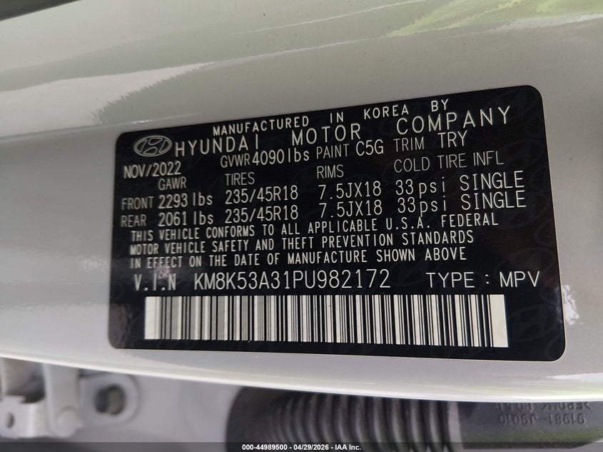 2023 Hyundai Kona VIN KM8K53A31PU982172 IAAI salvage auction — FRONT END, Original (Texas), sold $2,250 on 2026-07-30 (photo 9)