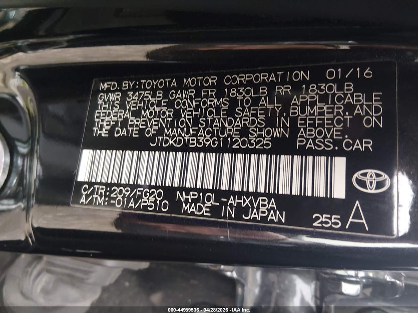 2016 Toyota Prius c VIN JTDKDTB39G1120325 IAAI salvage auction — NORMAL WEAR, Salvage Title, sold $1,425 on 2026-07-20 (photo 9)