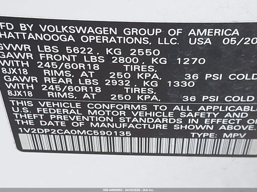 2021 Volkswagen Atlas VIN 1V2DP2CA0MC590135 IAAI salvage auction — RIGHT FRONT, Original (Texas), sold $2,950 on 2026-08-03 (photo 9)
