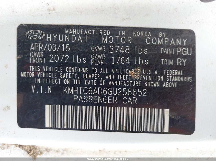 2016 Hyundai Veloster VIN KMHTC6AD6GU256652 IAAI salvage auction — NORMAL WEAR, Clear - Dealer Only (California), sold $575 on 2026-07-08 (photo 9)