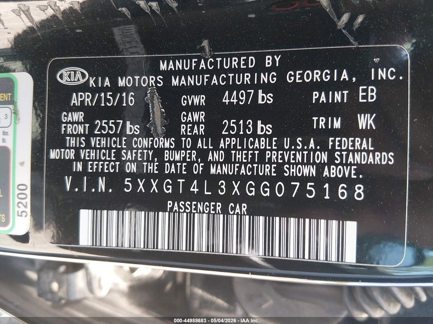 2016 Kia Optima VIN 5XXGT4L3XGG075168 IAAI salvage auction — REAR END, Clear (South Carolina), sold $900 on 2026-07-15 (photo 9)