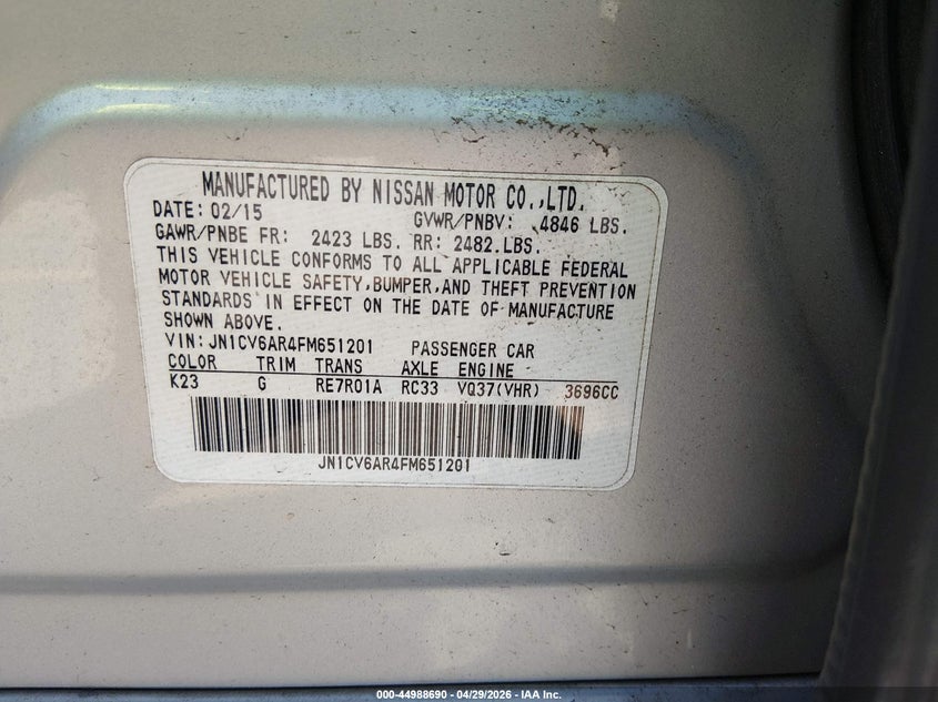 2015 Infiniti Q40 VIN JN1CV6AR4FM651201 IAAI salvage auction — RIGHT SIDE, Clear (Connecticut), sold $725 on 2026-07-09 (photo 9)
