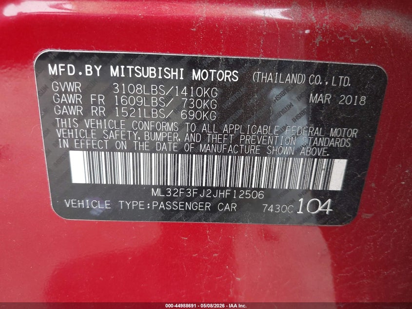 2018 Mitsubishi VIN ML32F3FJ2JHF12506 IAAI salvage auction — FRONT END, Salvage (Texas), sold $1,200 on 2026-07-09 (photo 9)